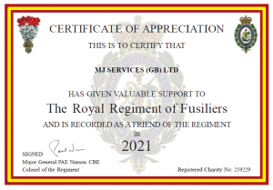 Royal Regiment of Fusiliers Support Certificate