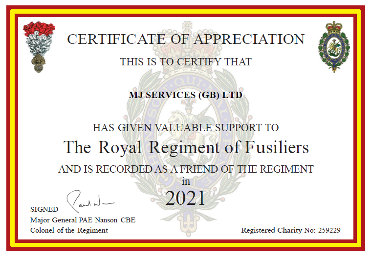 Royal Regiment of Fusiliers Support Certificate